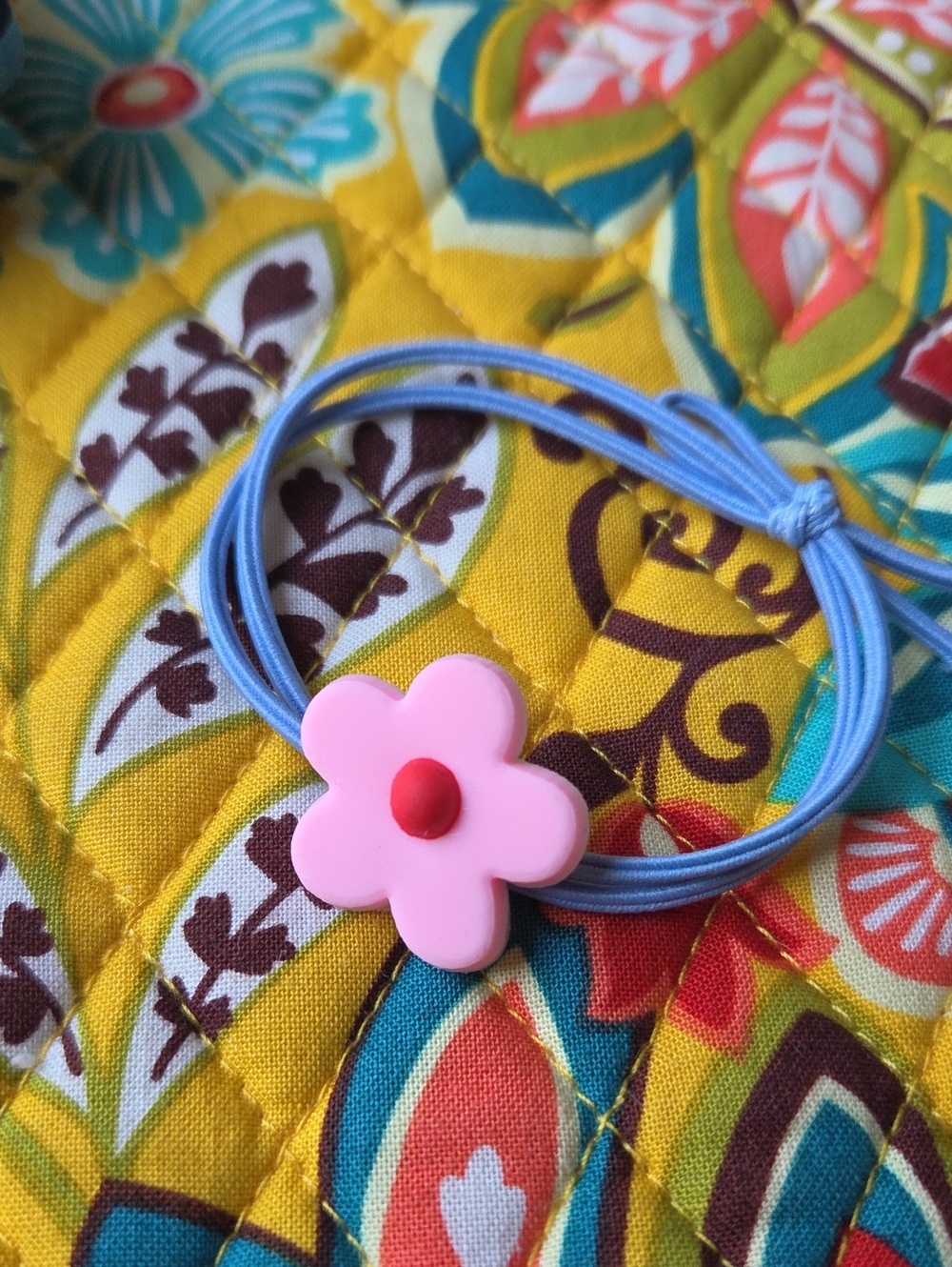 Kids Pink Flower Hair Tie with Blue Elastic